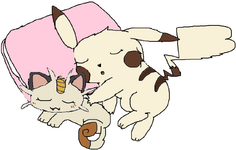 my human sona, charlotte, as a pika, sleeping with na the meowth...png