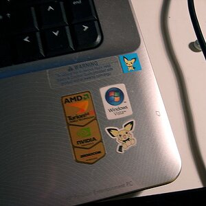 The bottom edge of my laptop. The bottom Pichu sticker is fading because I rest my hand there all the time. DD:
