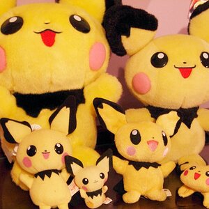 These are my Pichu plushies. The back two match in the sense that their RIGHT EARS ARE BROKEN. I don't know, but they wobble a lot and fall back all t