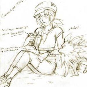 "Compiling Stoofs" 
This is just Lavi connection her Poketch to her Dex. ._.; Nothing much really. Her Jolteon, Raiya is just there beside her as alwa