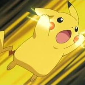 Pikachu from the anime, using Thunderbolt (probably)