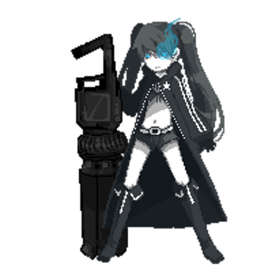 Black rock shooter!
I love the song so i made her a pixel,DONT USE OR STEAL OR I WILL STAB YOUR EYES OUT K THX.