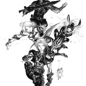 Yoshitaka Amano's drawing of Ashe, Vaan, Balthier, and Fran from Final Fantasy XII