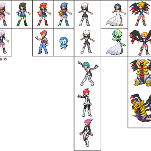 Costumes from left to right: Default, invert, Lucas colors, Piplup colors, Team Galatic, Formal, Giratina cross
