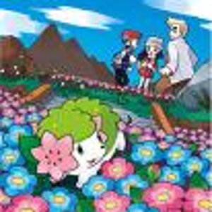 Shaymin running away from Prof. Oak, Lucas, and Dawn going down the Seabreak Path.