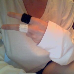 Roxas finger guards! XD And my L cosplay shirt. o;

My shorts look like undies. o_o; Oh wellz.