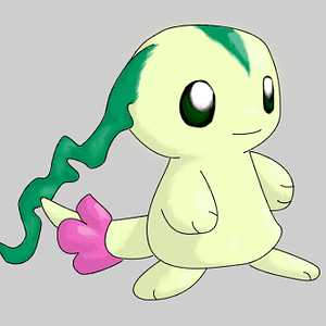 Mimibud, the streamer Pokémon. When it's happy, the leafy streamers on it's head extend. The grass starter of the Hiatu Region.