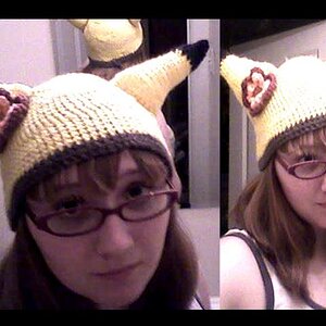 I crocheted myself a Pikachu hat! Sorry, bad picture quality....my hair looks brown here, but I'm actually a blonde...