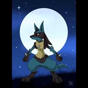 Lucario with his back turned to the moon.