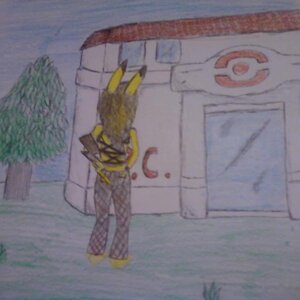 Human-like Pikachu at pokemon center