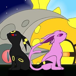 ZOMG!! 'Tis Umbreon and Espeon, with Solrock and Lunatone as the moon and the sun! How clever! ^^;