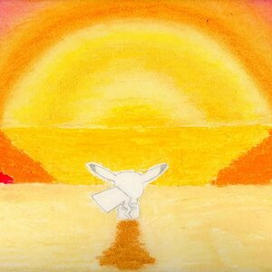I call this one, Pikachu's Sunset :) I used oil pastels, and blanded the sky with my fingers, which were a mess when it was finished! XD i left the pi