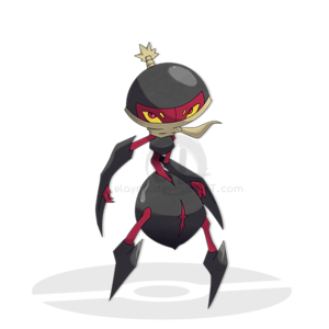TERRAKNID, the Bomber Pokémon. 

Type(s): Bug/Steel
Height: 2' 04"
Weight: 26.7 lbs

Dex Entry: Unlike Bombtick, Terraknid is a very hostile Pokémon. 