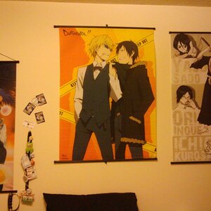 Wall above my bed as of an hour ago. Nabbed a DRRR wallscroll at the con. :D