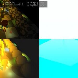 9 ShadowMapping : Split view, stress test of the "Torch" object.
The torch gives off an orangish lights that pulses slowly, while drawing a particles 