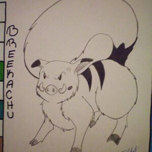 I drew this for my German class last winter. It's Breekachu, and electric Pig Squirrel whose name comes from a song by a German band called "We Butter