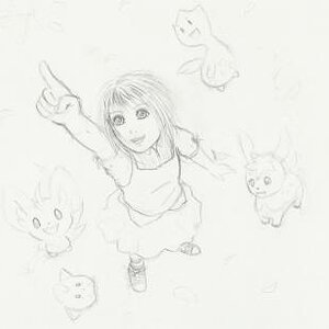 A quick sketch I did a while back. Angelika with a shiny Cleffa named Etoila, a Deerling named Hanabi, a Mincinno and a Togetic.