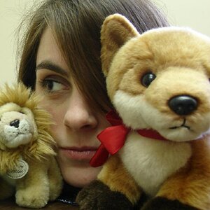 This is me with my good friends moe and miss miss. Mo's the lion and miss miss is the fox.
