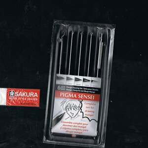Found a good manga drawing set at a  arts and craft store. 

Has a few marker pens of different sizes, a mechanical pencil and a white eraser.
