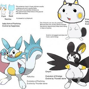 These are pre-evolutions and evolutions for Pachirisu and Emolga.

Here are the words if you can't read them.

Neorisu: This pokemon lives in huge col