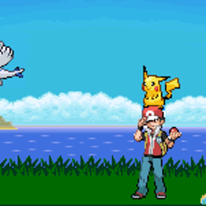 RED STANDING WITH PICKACHU ON HIS HEAD :P