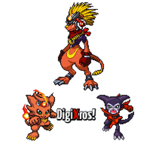 Well, this is a custom Digixros between Coronamon and Impmon that was used in an old (and possibly dead) RP game.
It's name, Ifritmon cames from "Eifr