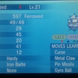 Shiny Ferroseed - Caught 5/12/2015 in the Reflection Cave