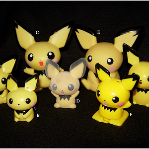 All my larger Pichu figures.

A) A keychain. It talks if you press its tail. ♥
B) A rolling figure (it needs a bit of cleaning). It wags its tail as i