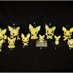 All my smaller Pichu figures.

A) Pichu... bath salts? I think there are bath salts inside. XD
B) A Pichu keychain of sorts.
C) A pencil grabber (I th