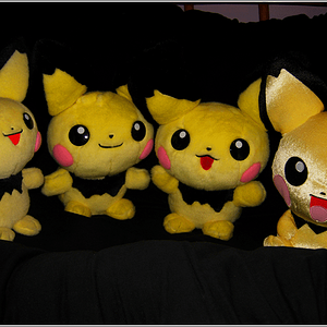 All my large Pichu plush.

From left to right:
→ Talking Pichu plush. I got it from the NYC Pokémon Center back before it was replaced. :D
→ Pichu Bro