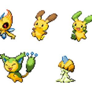 All the colours are from either Celebi's or Raichu's colour pallette. I love Celebi's green and Raichu's yellowish orange, so I made these.
